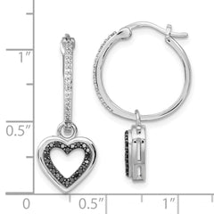 QE7727 White Night Sterling Silver Rhodium-plated Black and White Diamond with Dangle Heart Hoop Earring