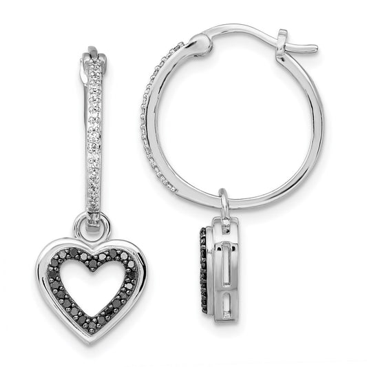QE7727 White Night Sterling Silver Rhodium-plated Black and White Diamond with Dangle Heart Hoop Earring