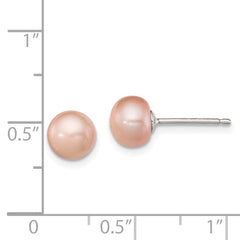 QE7780 Sterling Silver Polished Pink 6-7mm Freshwater Cultured Pearl Button Post Earrings