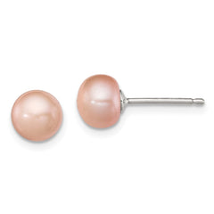 QE7780 Sterling Silver Polished Pink 6-7mm Freshwater Cultured Pearl Button Post Earrings
