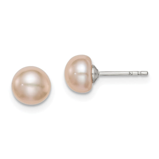 QE7784 Sterling Silver Rhodium-plated 6-7mm Pink Button Freshwater Cultured Pearl Post Earrings