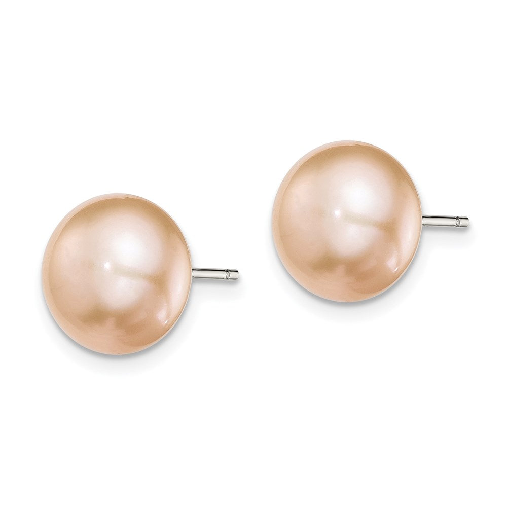 QE7785 Sterling Silver Rhodium-plated 10-11mm Pink Button Freshwater Cultured Pearl Post Earrings
