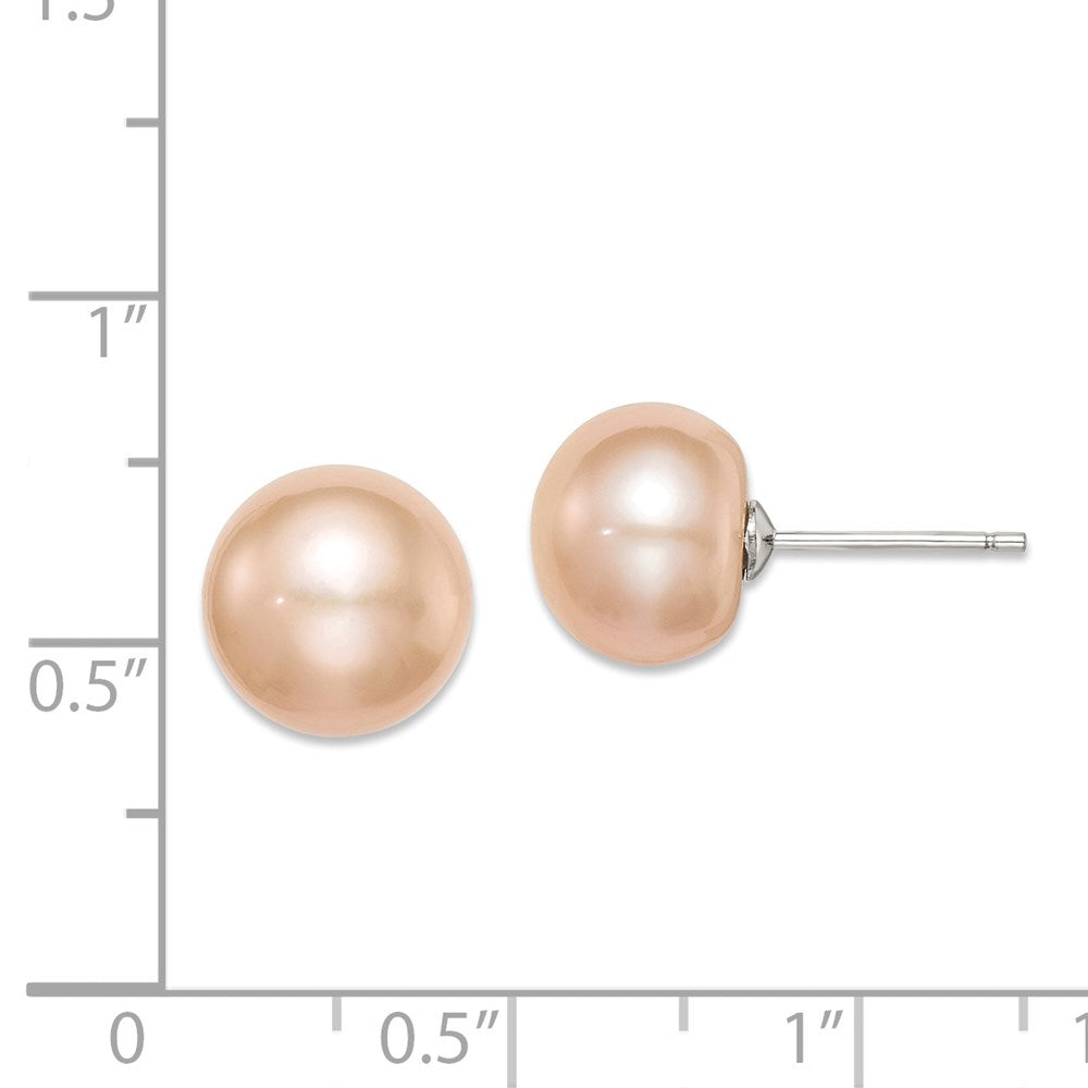 QE7785 Sterling Silver Rhodium-plated 10-11mm Pink Button Freshwater Cultured Pearl Post Earrings
