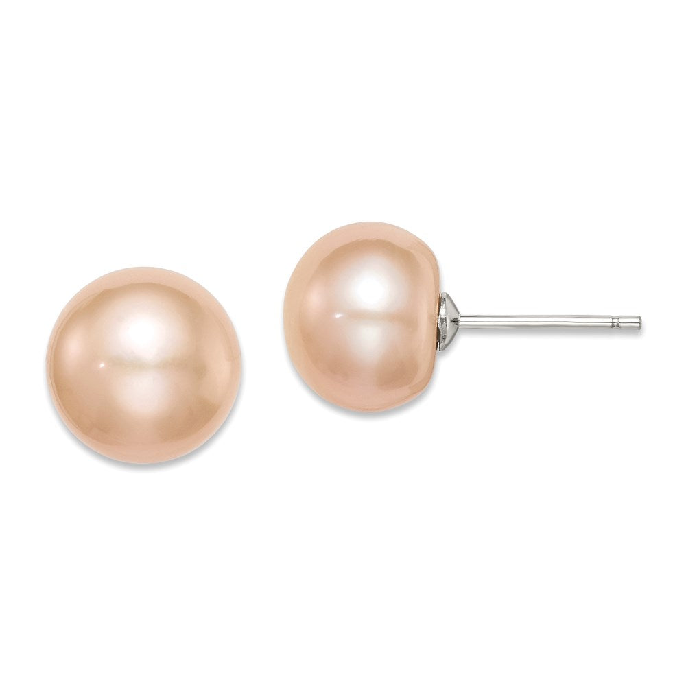 QE7785 Sterling Silver Rhodium-plated 10-11mm Pink Button Freshwater Cultured Pearl Post Earrings