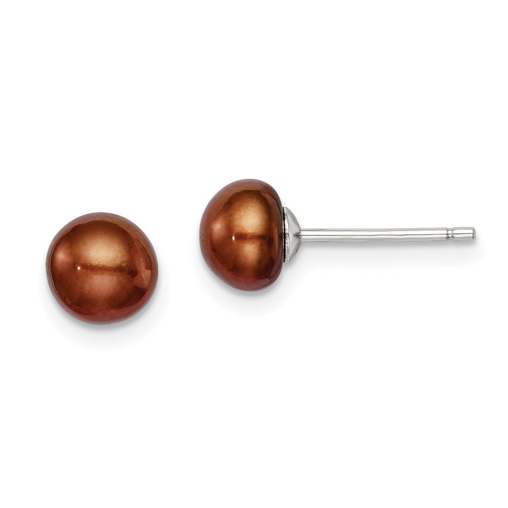 QE7786 Sterling Silver Rhodium-plated 6-7mm Brown Button Freshwater Cultured Pearl Post Earring