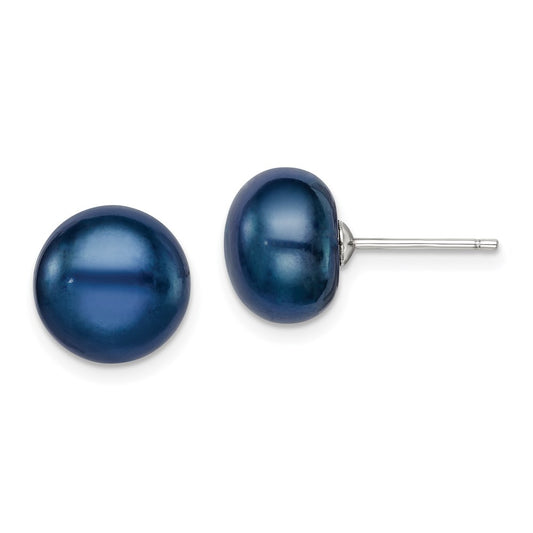 QE7796 Sterling Silver Rhodium-plated 10-11mm Black Button Freshwater Cultured Pearl Post Earrings