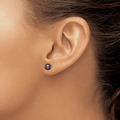 QE7797 Sterling Silver Rhodium-plated 6-7mm Black Button Freshwater Cultured Pearl Post Earrings