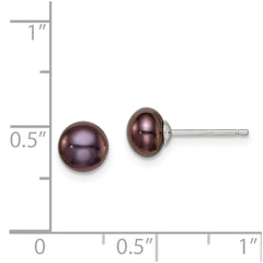 QE7797 Sterling Silver Rhodium-plated 6-7mm Black Button Freshwater Cultured Pearl Post Earrings