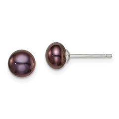 QE7797 Sterling Silver Rhodium-plated 6-7mm Black Button Freshwater Cultured Pearl Post Earrings