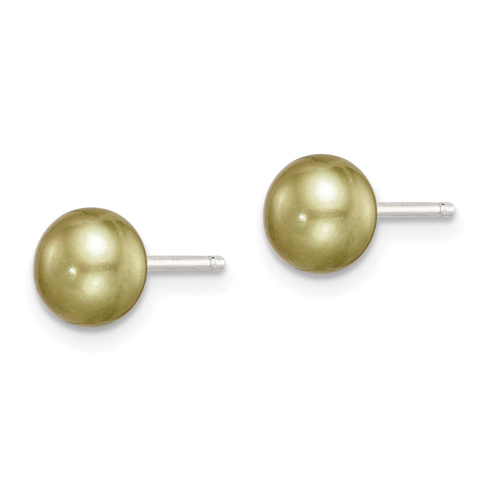 QE7801 Sterling Silver Rhod-pltd Green 6-7mm Button FWC Pearl Post Earrings