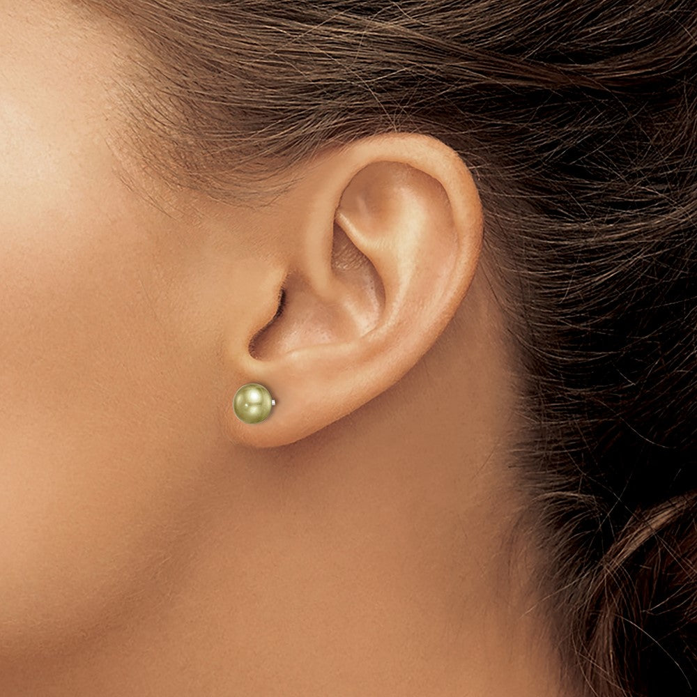 QE7801 Sterling Silver Rhod-pltd Green 6-7mm Button FWC Pearl Post Earrings