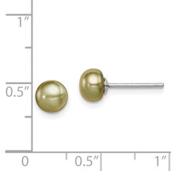 QE7801 Sterling Silver Rhod-pltd Green 6-7mm Button FWC Pearl Post Earrings