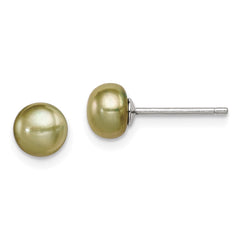 QE7801 Sterling Silver Rhod-pltd Green 6-7mm Button FWC Pearl Post Earrings
