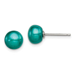 QE7806 Sterling Silver Polished Teal 6-7mm Freshwater Cultured Pearl Button Post Earrings