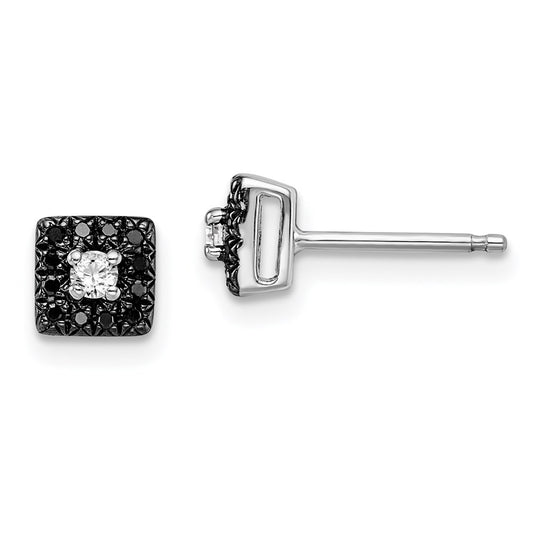 QE7832 White Night Sterling Silver Rhodium-plated Black and White Diamond Square Stud Post Earrings