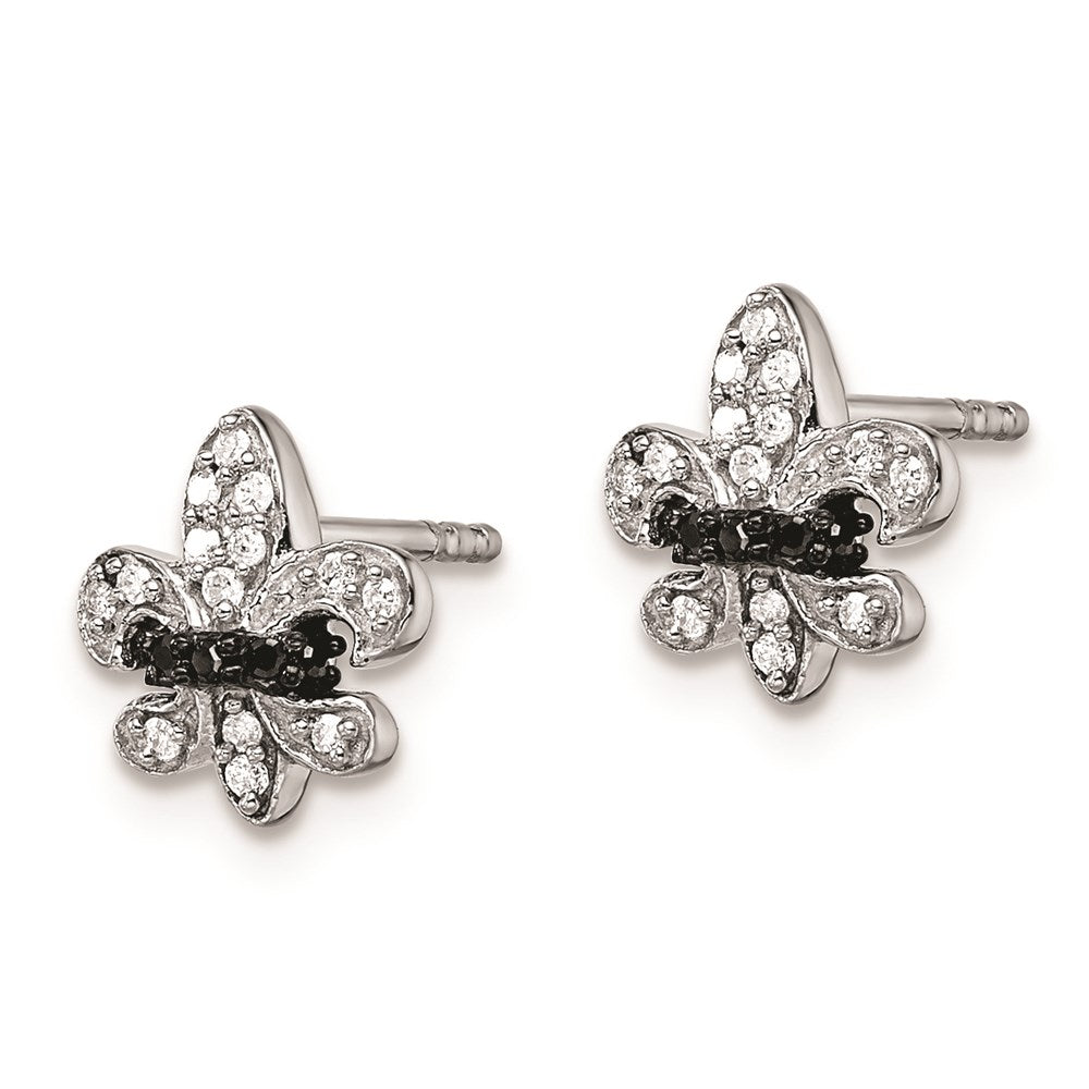 QE7850 White Night Sterling Silver Rhodium-plated Black and White Diamond Fleur de Lis Post Earrings