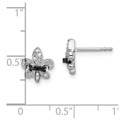 QE7850 White Night Sterling Silver Rhodium-plated Black and White Diamond Fleur de Lis Post Earrings
