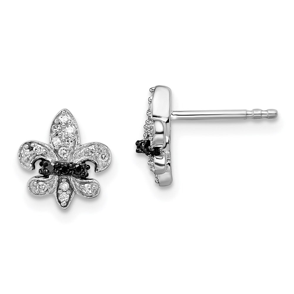 QE7850 White Night Sterling Silver Rhodium-plated Black and White Diamond Fleur de Lis Post Earrings