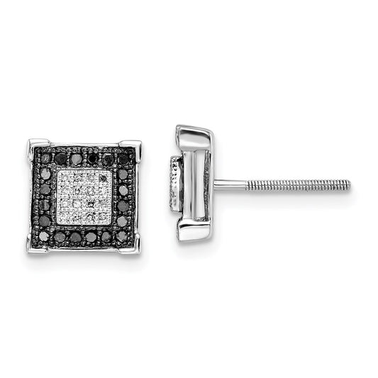 QE7869 White Night Sterling Silver Rhodium-plated Black and White Diamond Square Post Earrings