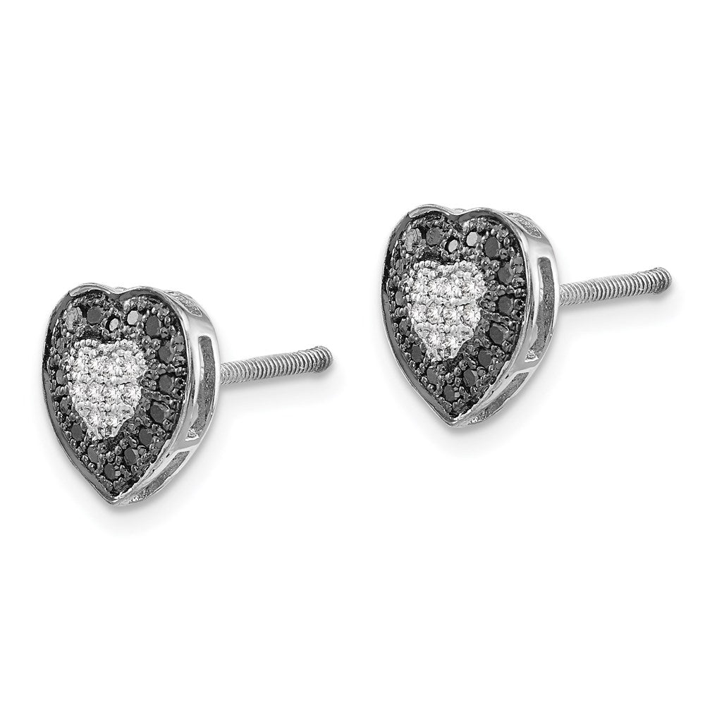 QE7871 White Night Sterling Silver Rhodium-plated Black and White Diamond Heart Post Earrings