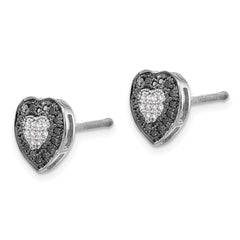 QE7871 White Night Sterling Silver Rhodium-plated Black and White Diamond Heart Post Earrings
