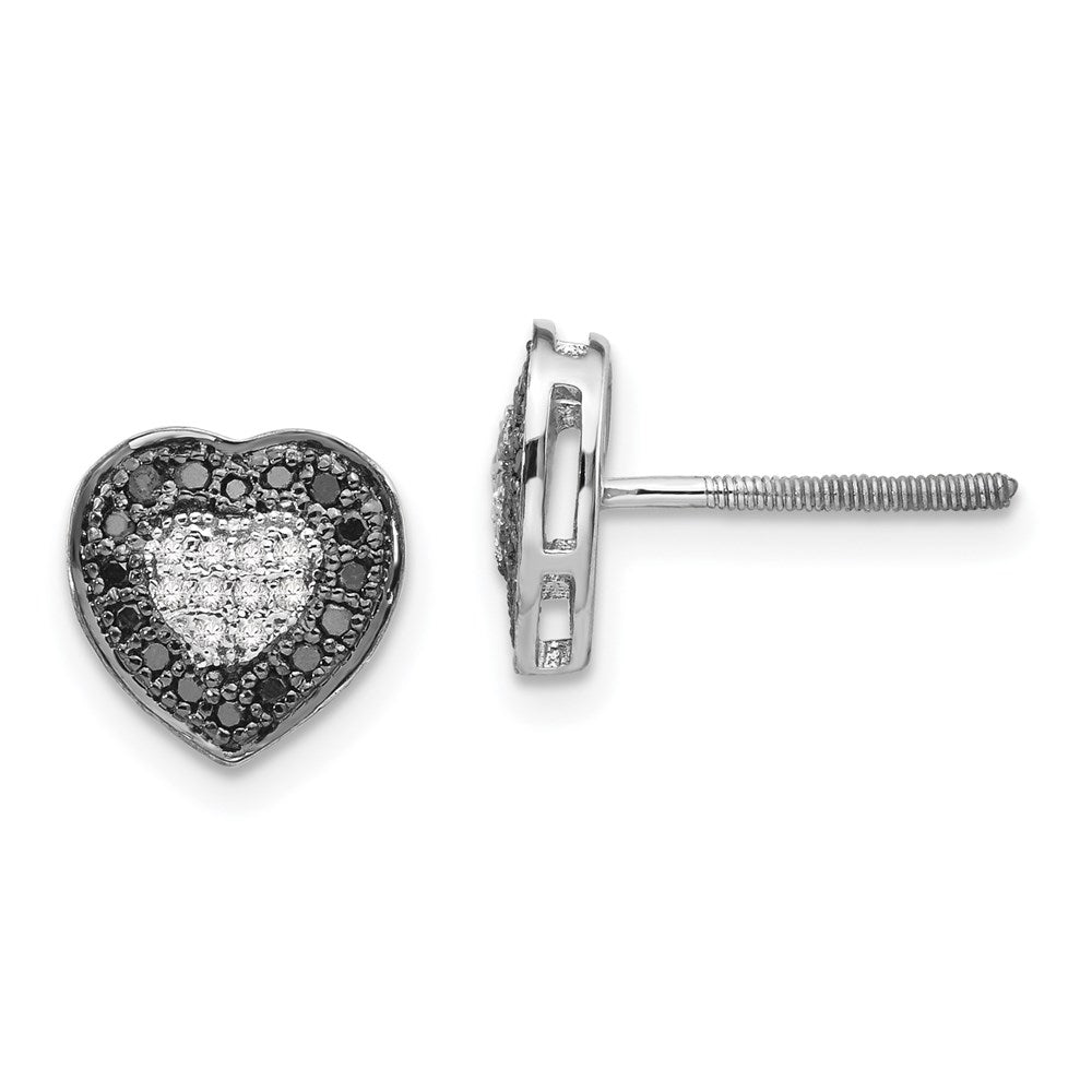 QE7871 White Night Sterling Silver Rhodium-plated Black and White Diamond Heart Post Earrings