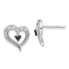 QE7872 White Night Sterling Silver Rhodium-plated Black and White Diamond Heart Post Earrings