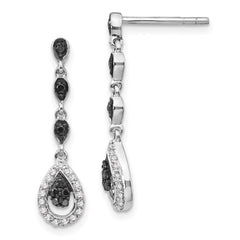 QE7875 White Night Sterling Silver Rhodium-plated Black and White Diamond Teardrop Post Dangle Earrings