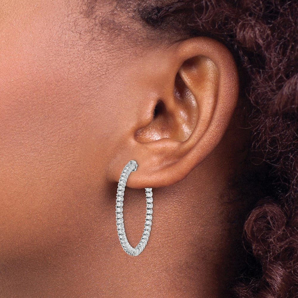 QE7947 Sterling Shimmer Sterling Silver Rhodium-plated 80 Stone 1.75mm CZ In and Out Round Hinged Hoop Earrings