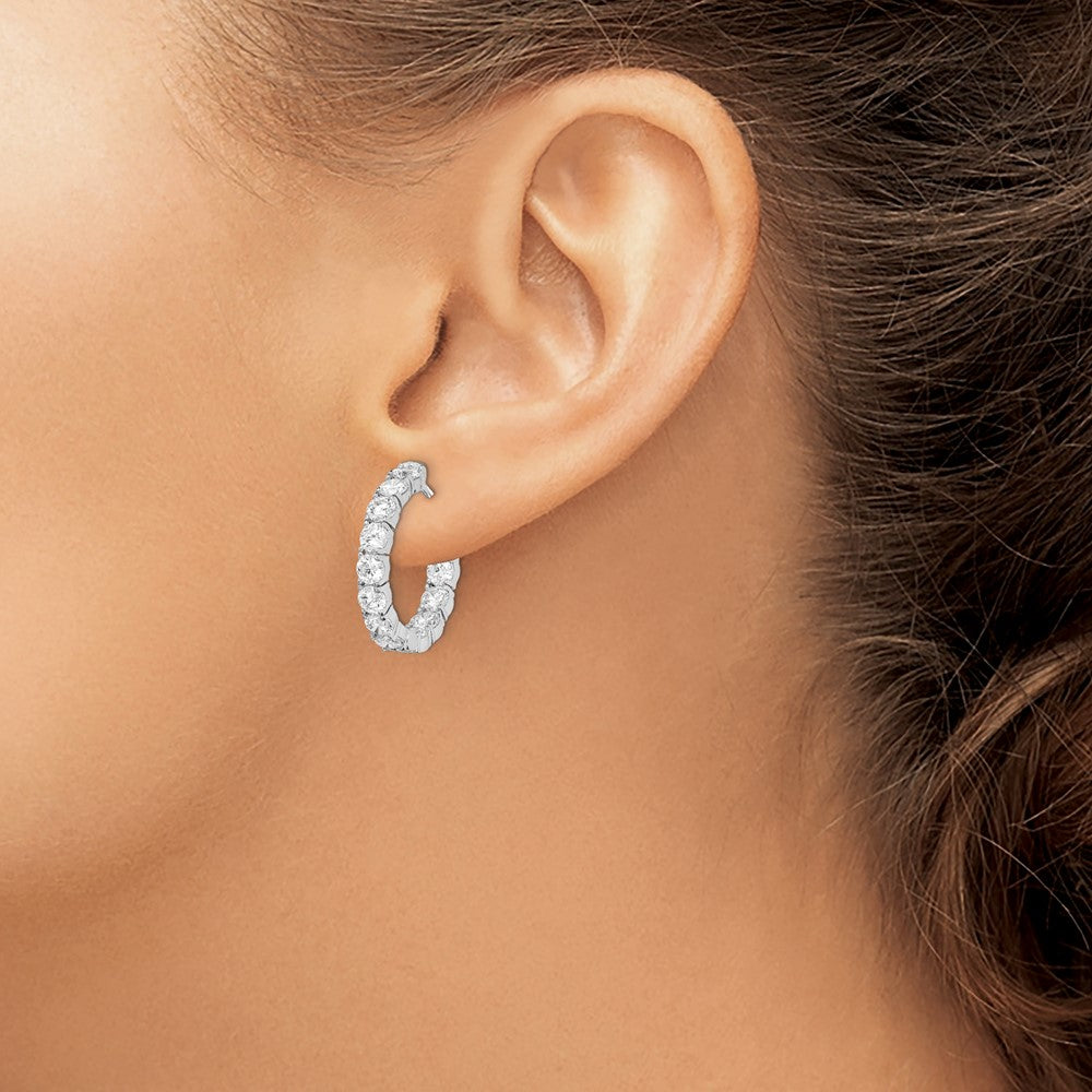 QE7965 Sterling Shimmer Sterling Silver Rhodium-plated 24 Stone 3.5mm CZ In and Out Round Hinged Hoop Earrings