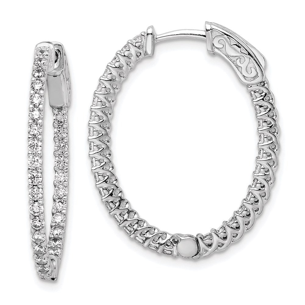 QE7989 Sterling Shimmer Sterling Silver Rhodium-plated 60 Stone 1.7mm CZ In and Out Oval Hinged Hoop Earrings
