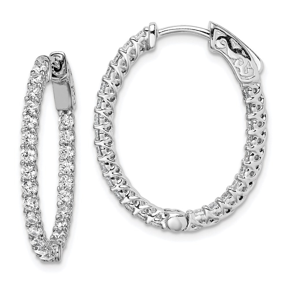 QE7991 Sterling Shimmer Sterling Silver Rhodium-plated 50 Stone 2mm CZ In and Out Oval Hinged Hoop Earrings