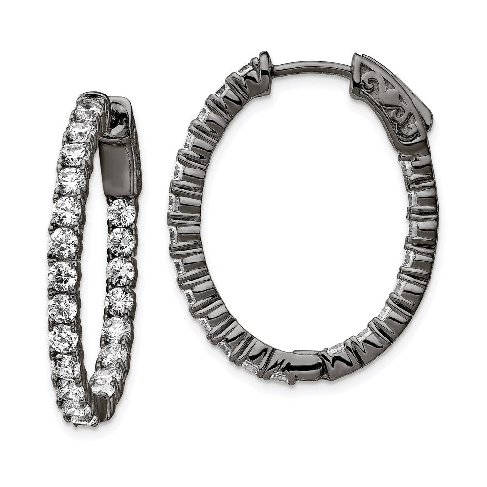 QE7997B Sterling Shimmer Black Rhodium-plated 42 Stone 2.5mm CZ In and Out Oval Hinged Hoop Earrings