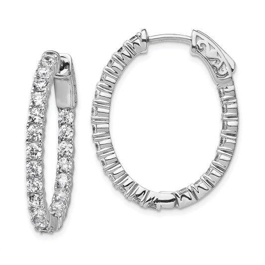 QE7997 Sterling Shimmer Sterling Silver Rhodium-plated 42 Stone 2.5mm CZ In and Out Oval Hinged Hoop Earrings