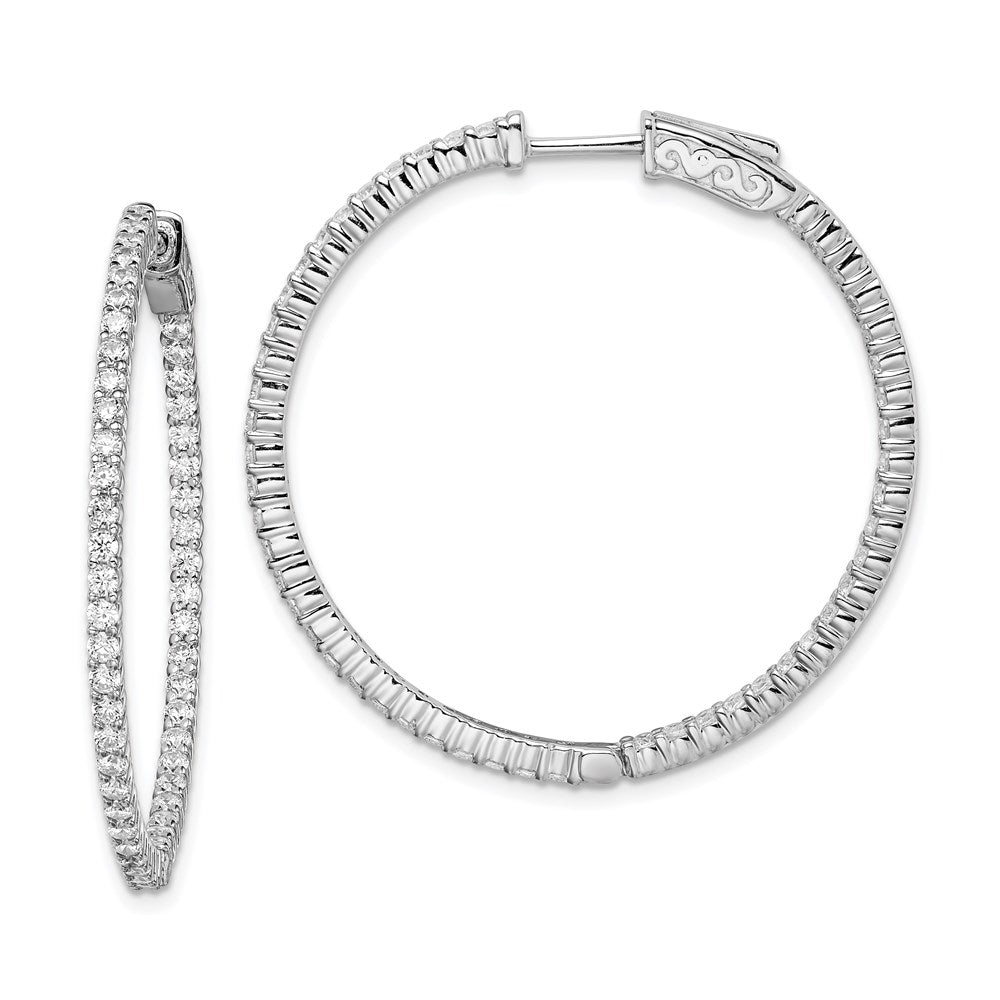 QE8002 Sterling Shimmer Sterling Silver Rhodium-plated 100 Stone 1.7mm CZ In and Out Round Hinged Hoop Earrings