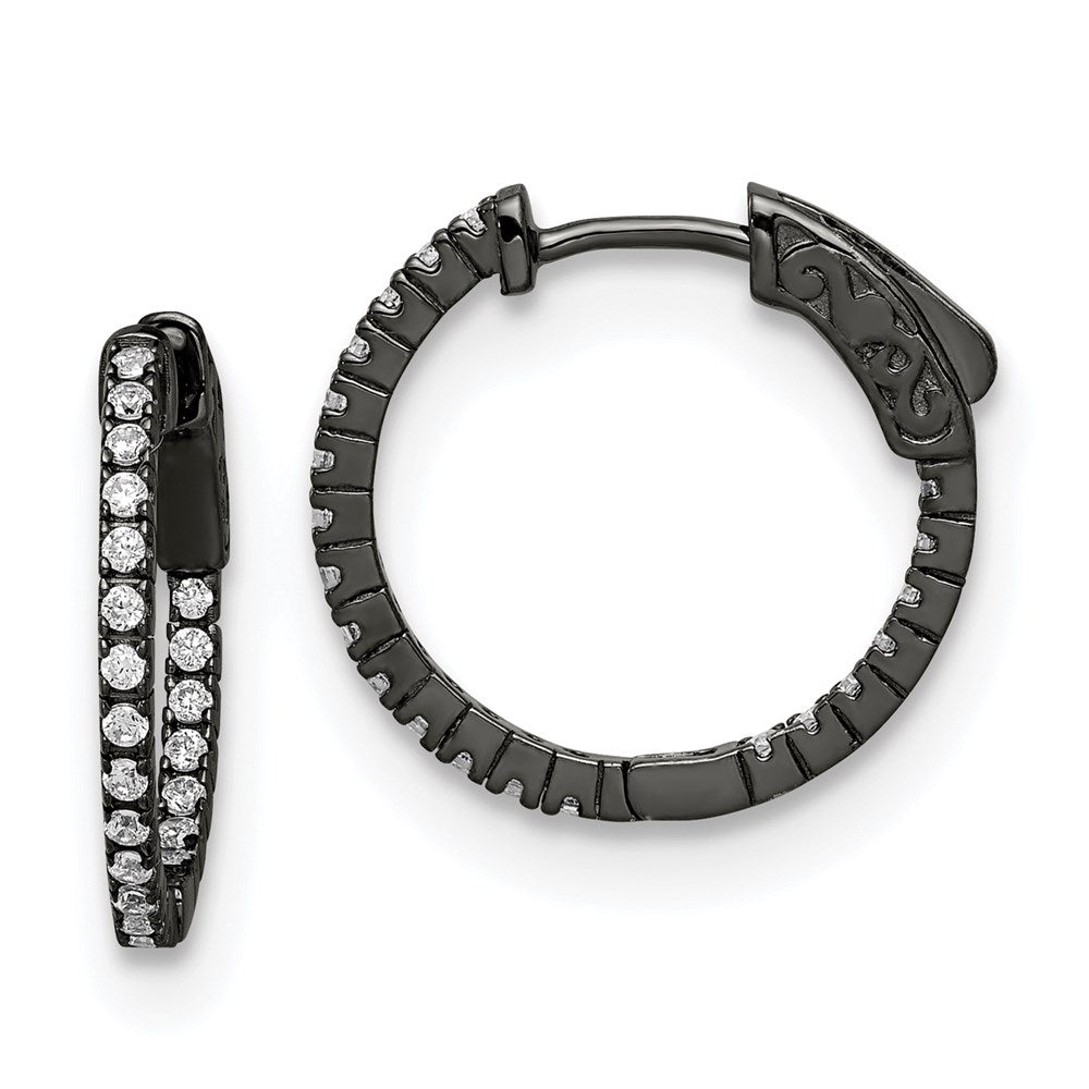 QE8019B Sterling Shimmer Black Rhodium-plated 42 Stone 1.3mm CZ In and Out Round Hinged Hoop Earrings