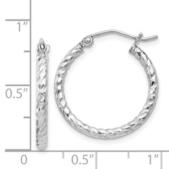 QE8075 Sterling Silver Rhodium Plated Diamond-cut 2x20mm Hoop Earrings