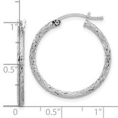 QE8076 Sterling Silver Rhodium Plated Diamond-cut 2x25mm Hoop Earrings