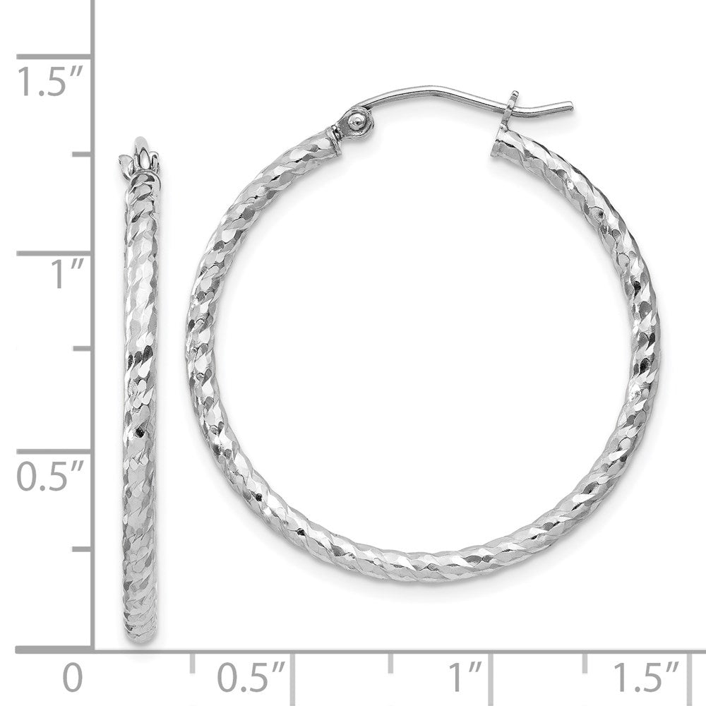 QE8077 Sterling Silver Rhodium Plated Diamond-cut 2x30mm Hoop Earrings