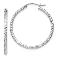 QE8077 Sterling Silver Rhodium Plated Diamond-cut 2x30mm Hoop Earrings