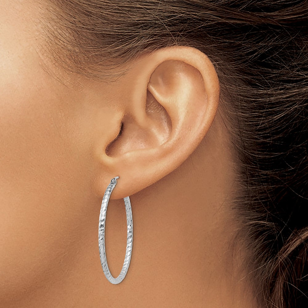QE8078 Sterling Silver Rhodium Plated Diamond-cut 2x35mm Hoop Earrings
