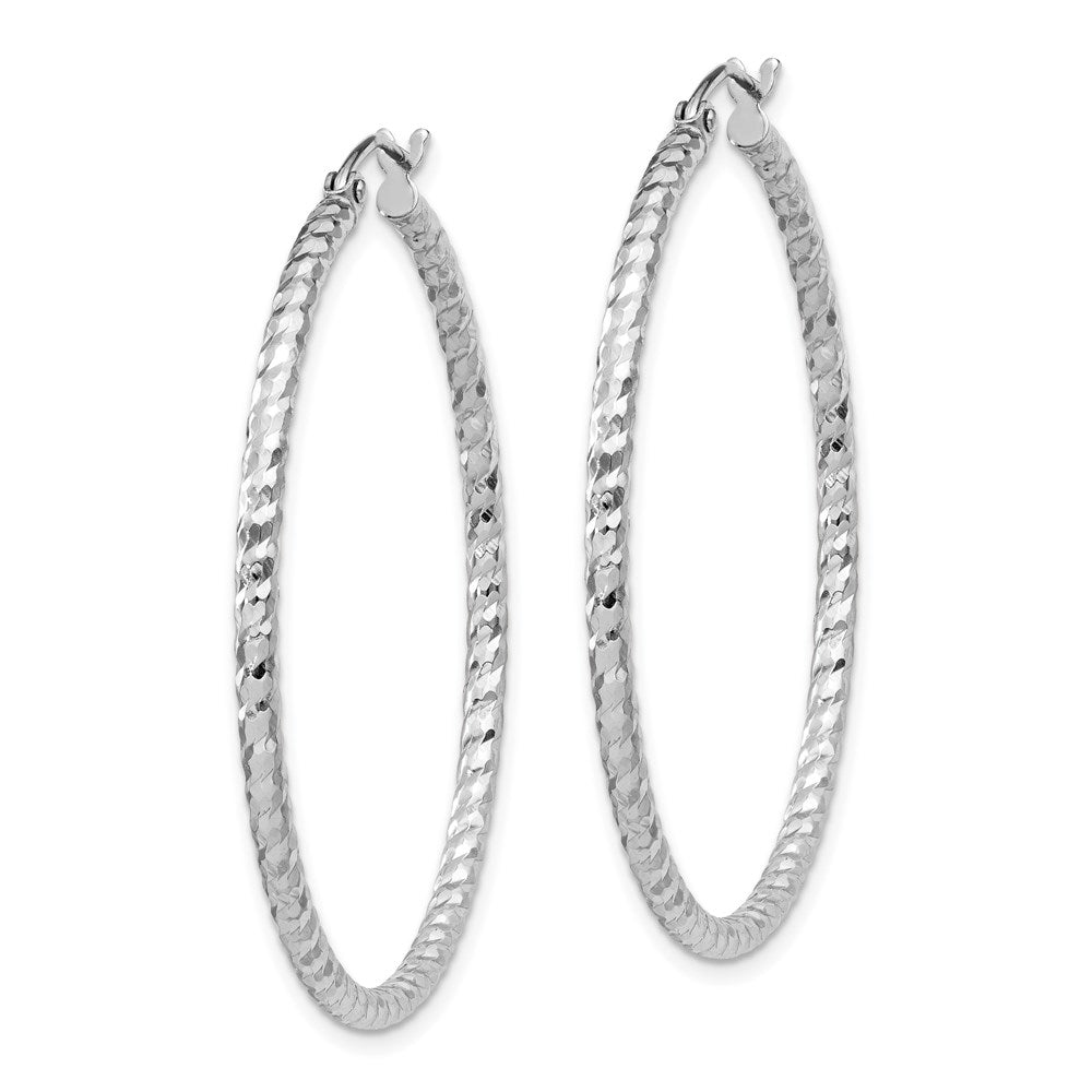 QE8079 Sterling Silver Rhodium Plated Diamond-cut 2x40mm Hoop Earrings