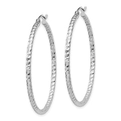 QE8079 Sterling Silver Rhodium Plated Diamond-cut 2x40mm Hoop Earrings