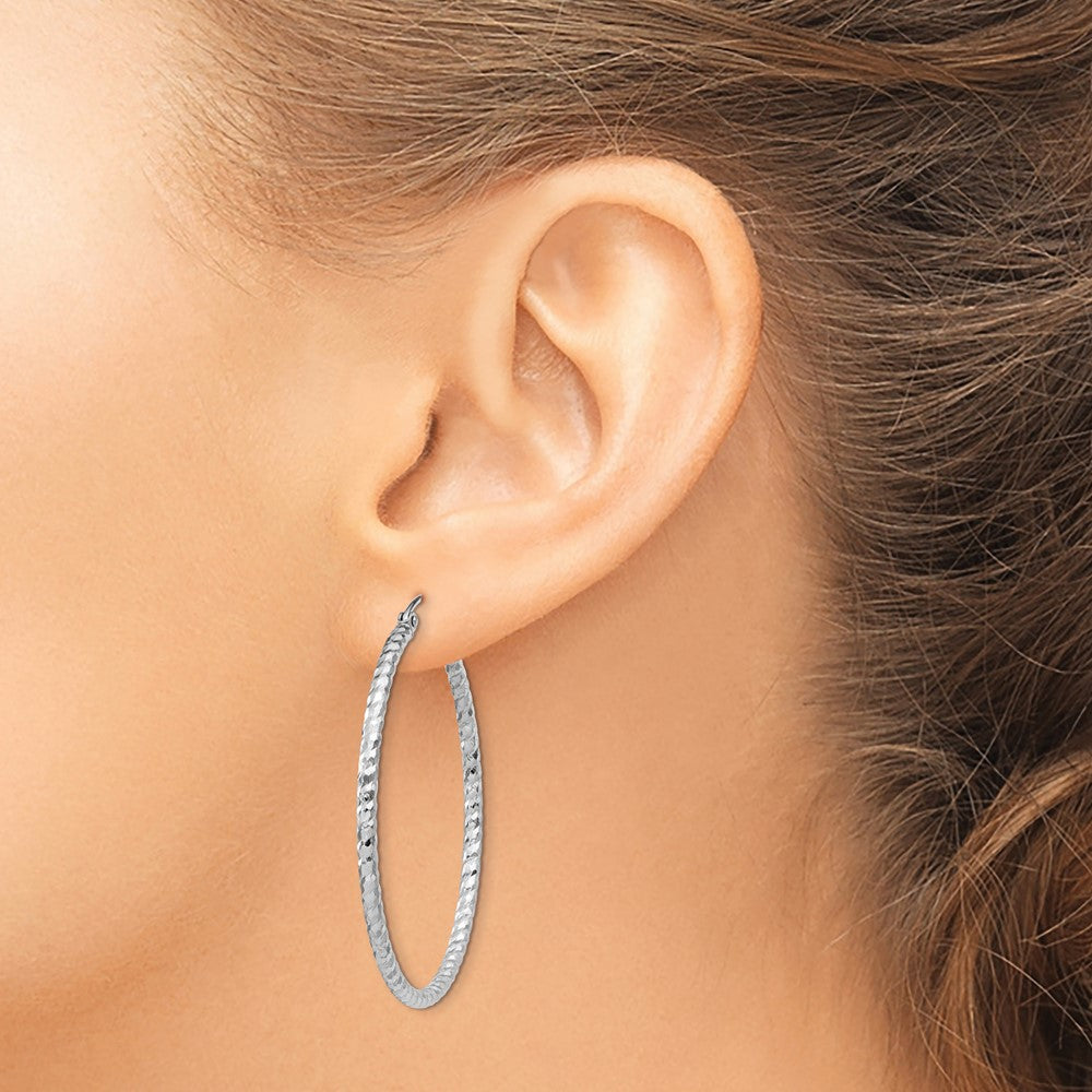 QE8079 Sterling Silver Rhodium Plated Diamond-cut 2x40mm Hoop Earrings