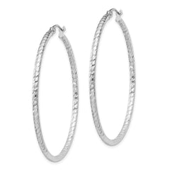 QE8080 Sterling Silver Rhodium Plated Diamond-cut 2x45mm Hoop Earrings