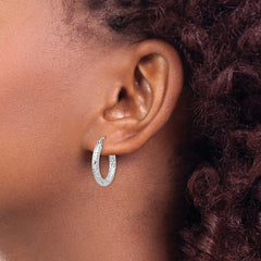QE8086 Sterling Silver Rhodium-plated D/C 3x20mm Hoop Earrings