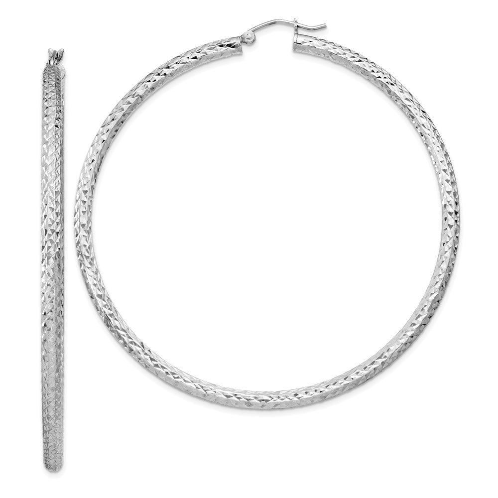 QE8095 Sterling Silver Rhodium-plated D/C 3x65mm Hoop Earrings