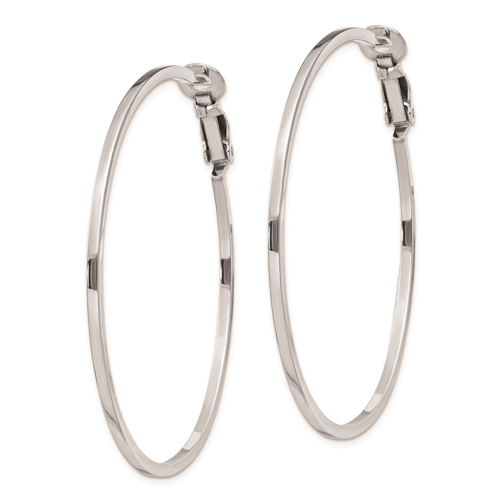 QE8107 Sterling Silver RH-plated 1.5x50mm Omega Back Round Hoop Earrings