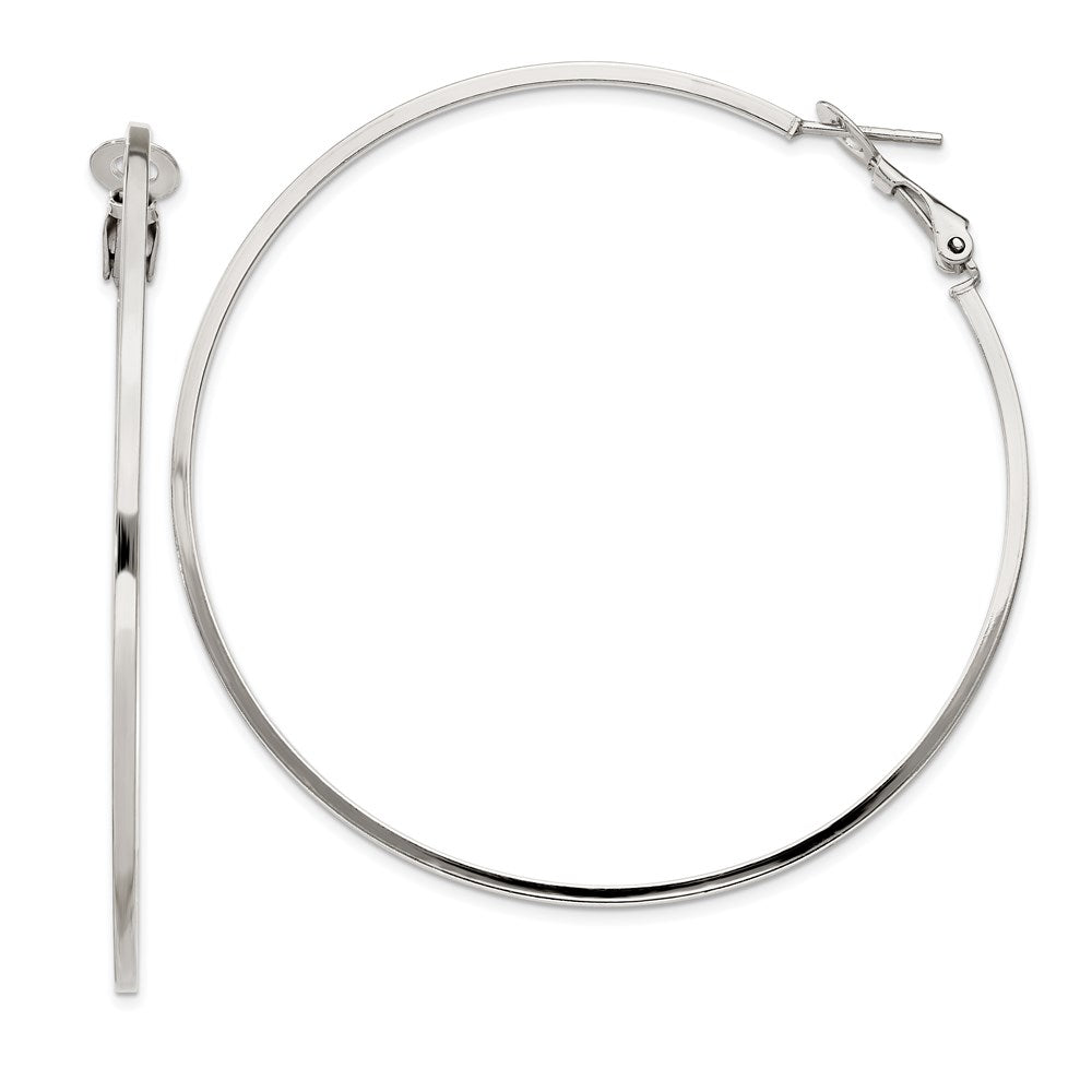 QE8108 Sterling Silver RH-plated 1.5x60mm Omega Back Round Hoop Earrings