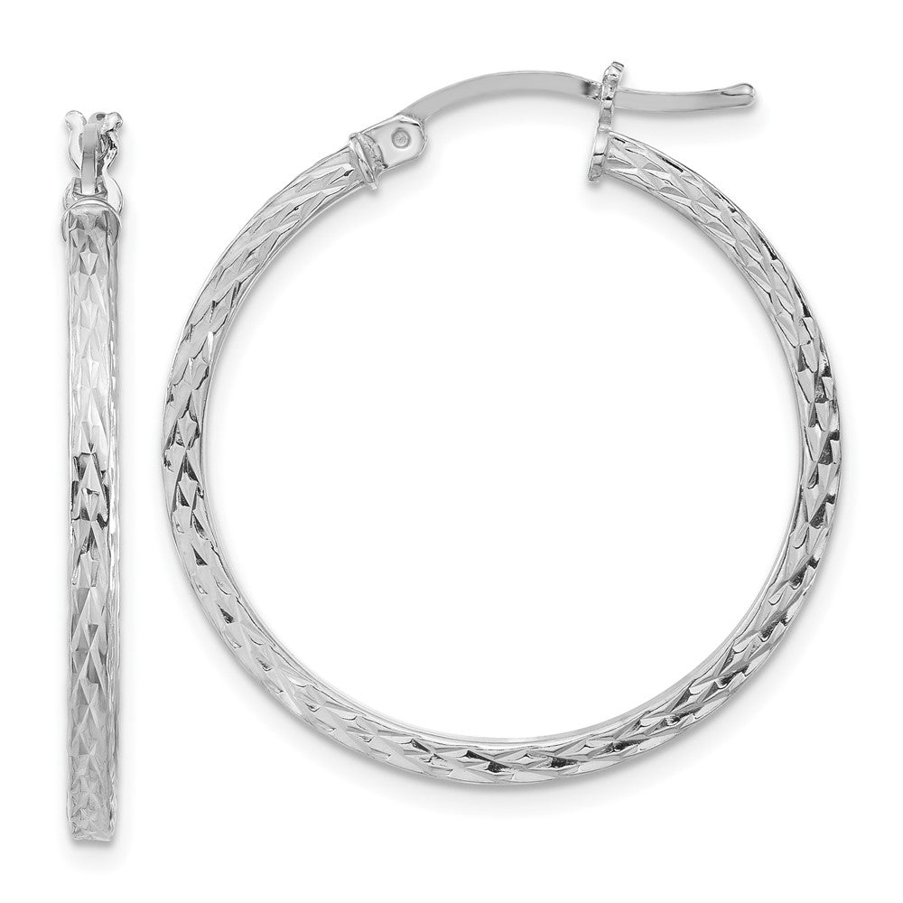 QE8112 Sterling Silver Rhodium-plated Diamond-cut 2x30mm Square Tube Hoop Earrings